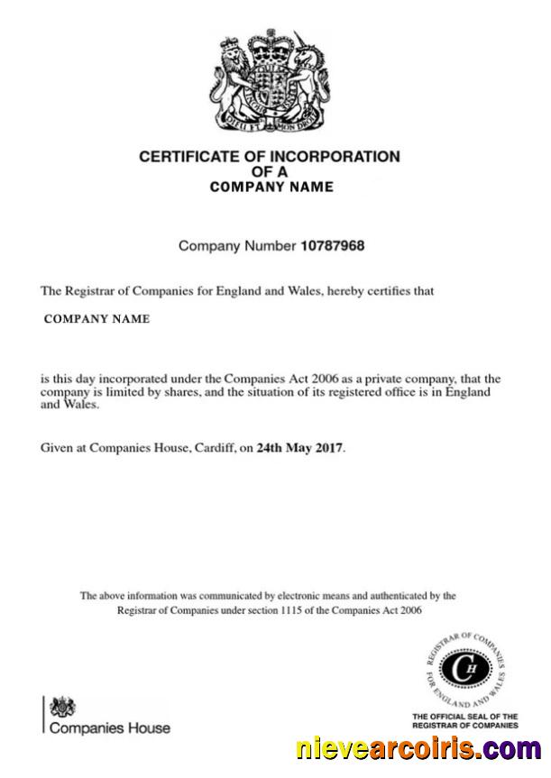 United Kingdom Certificate of Incorporation